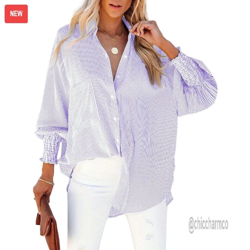 Wrinkle-Resistant Oversized Button-Down Shirt Wit… - image 1